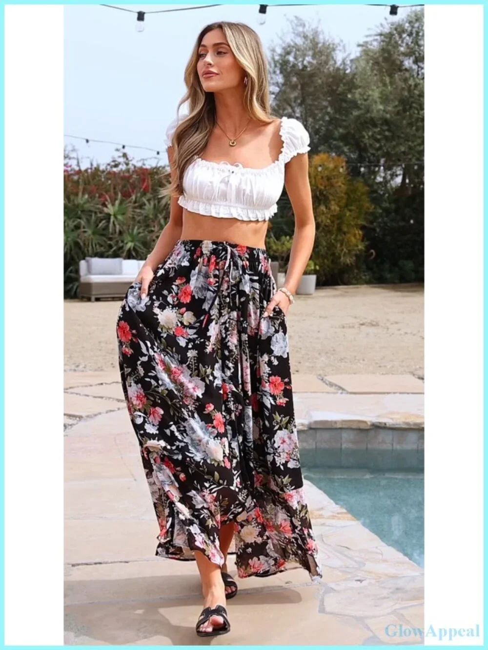 Maxi Skirt Chiffon Floral High Waisted Slit Flowy with Pockets Sunny Summer